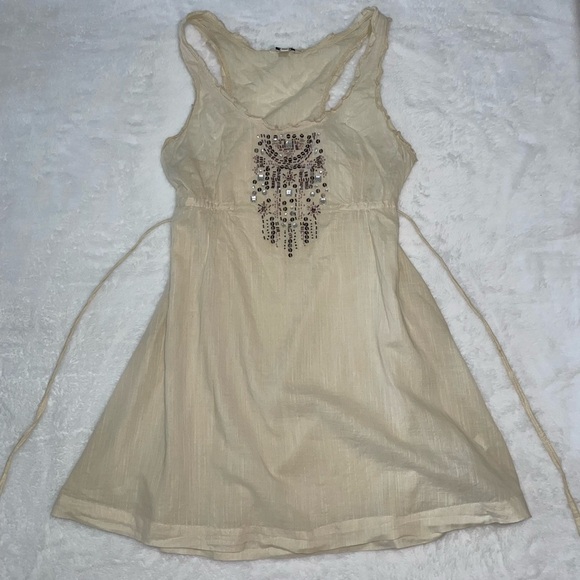 Bohemian Dress Tie Waist Super Cute Summer Beach Dress Embellished Champagne​ - Picture 1 of 6